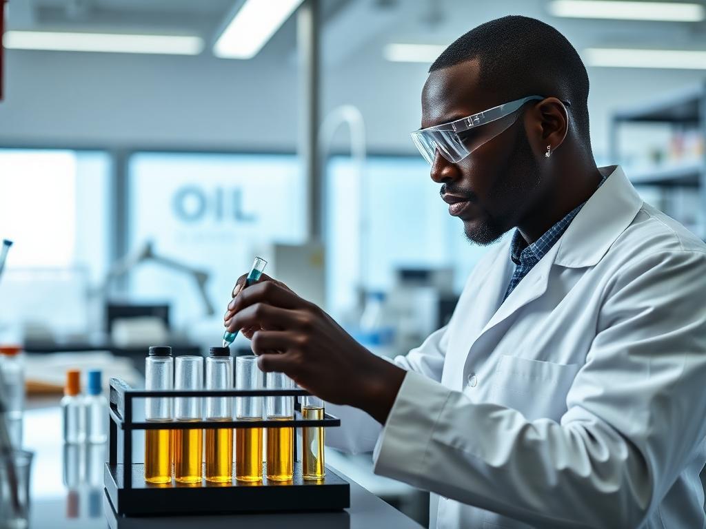 Engenheiro analisando amostras de petróleo em laboratório