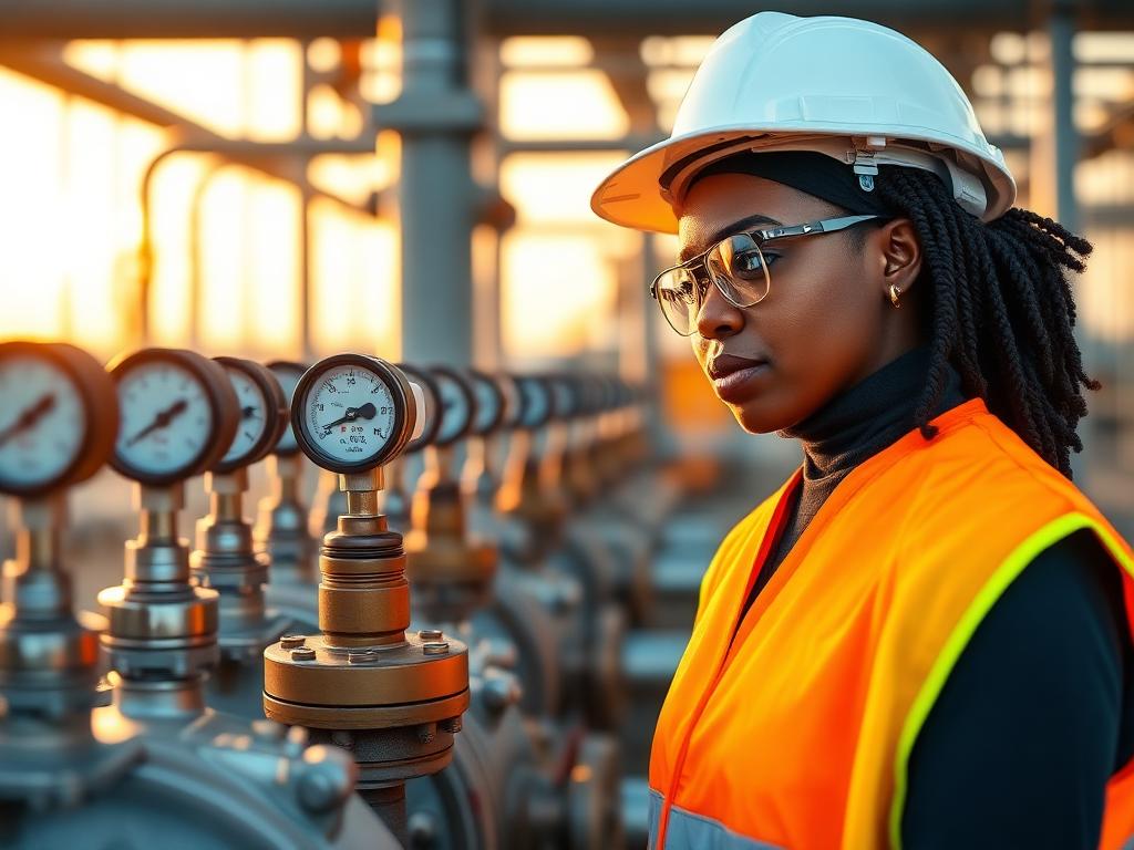 Engenheira inspecionando válvulas e transmissores no campo