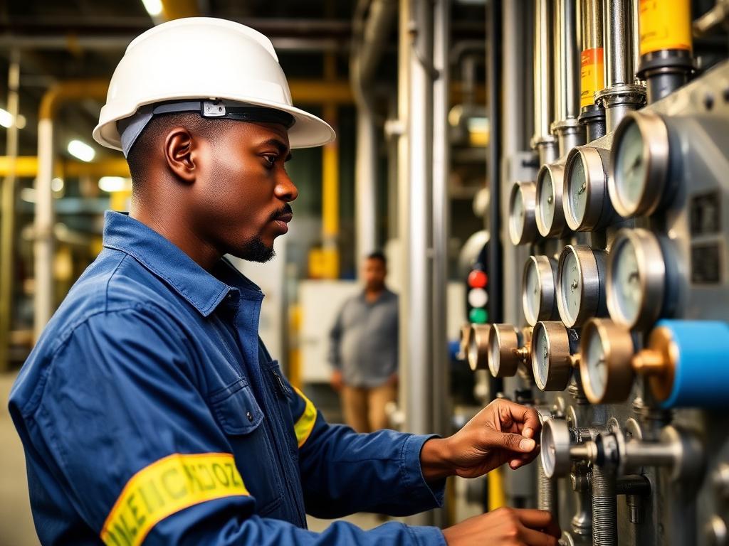 Técnico verificando instrumentação numa planta petroquímica