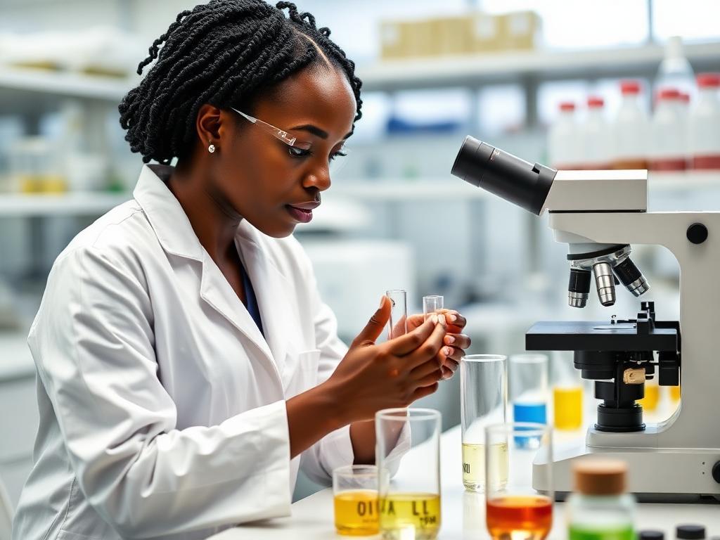 Química analisando amostras de crude num laboratório moderno